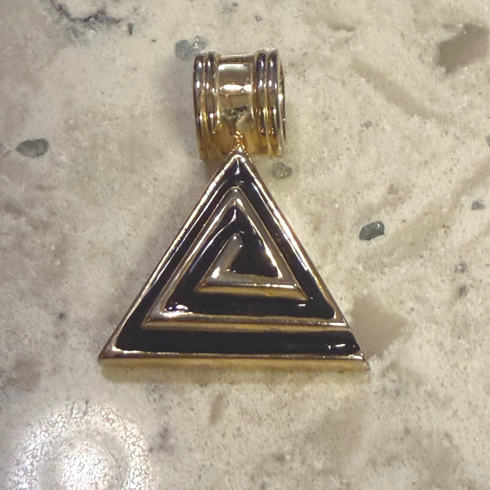 Vintage 1980s Gold Tone Black Enamel Triangle Spiral Geometric Pendant OS